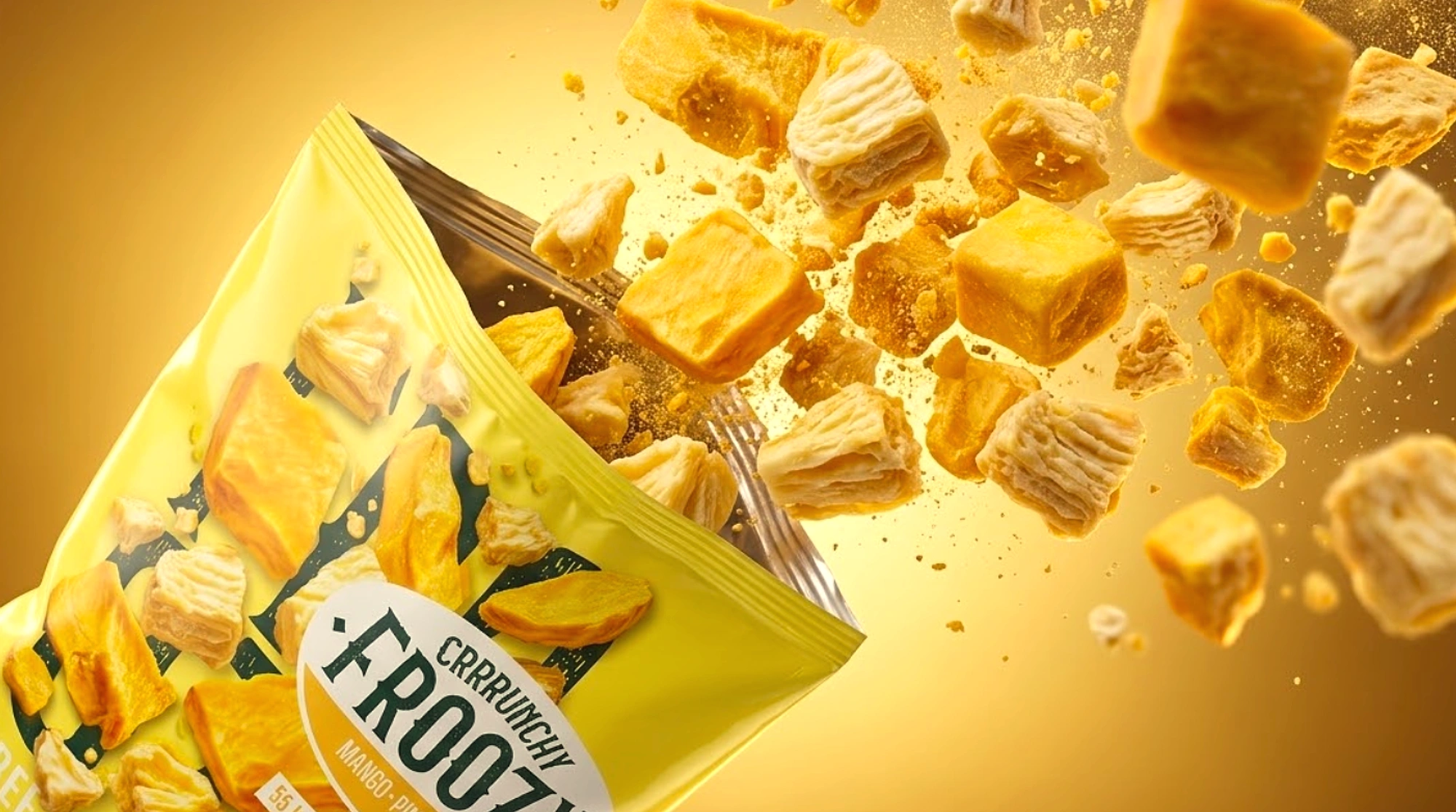 Zak Froozy Mango · Pineapple met gevriesdroogd fruit dat uit de zak springt